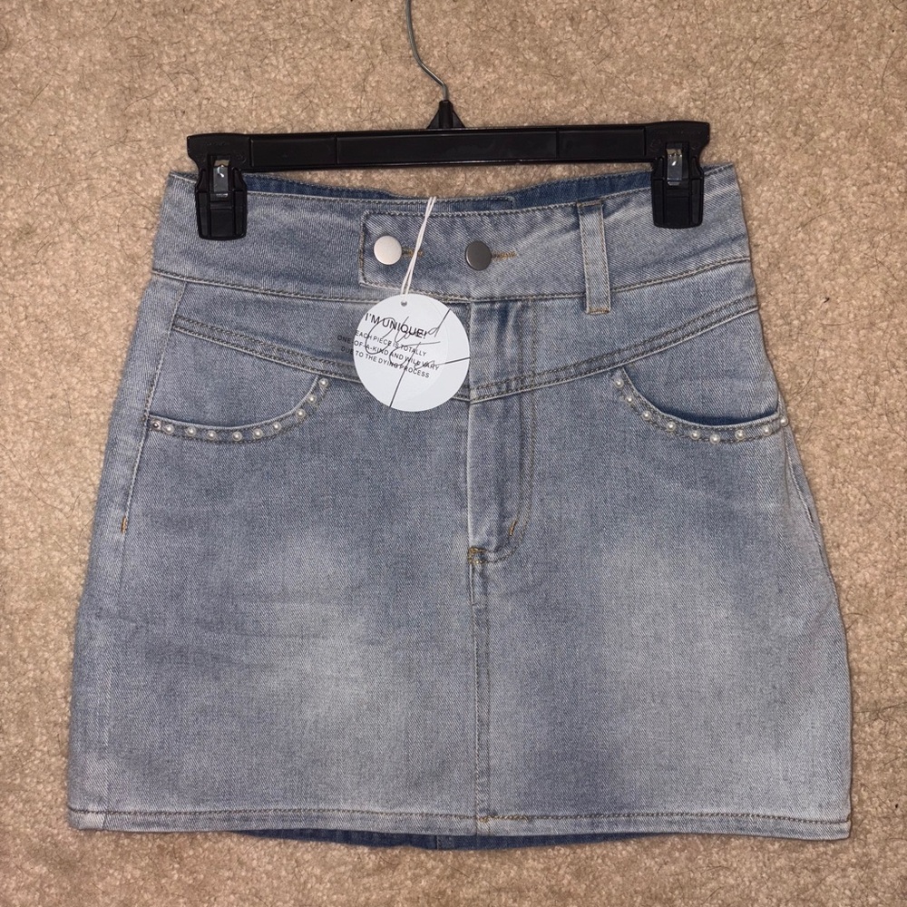Light Blue Denim Mini Skirt with pearl studded Pockets